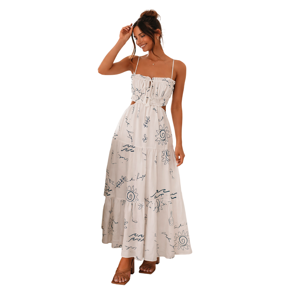 Платье длинное с рисунком на лямках с открытой спиной 