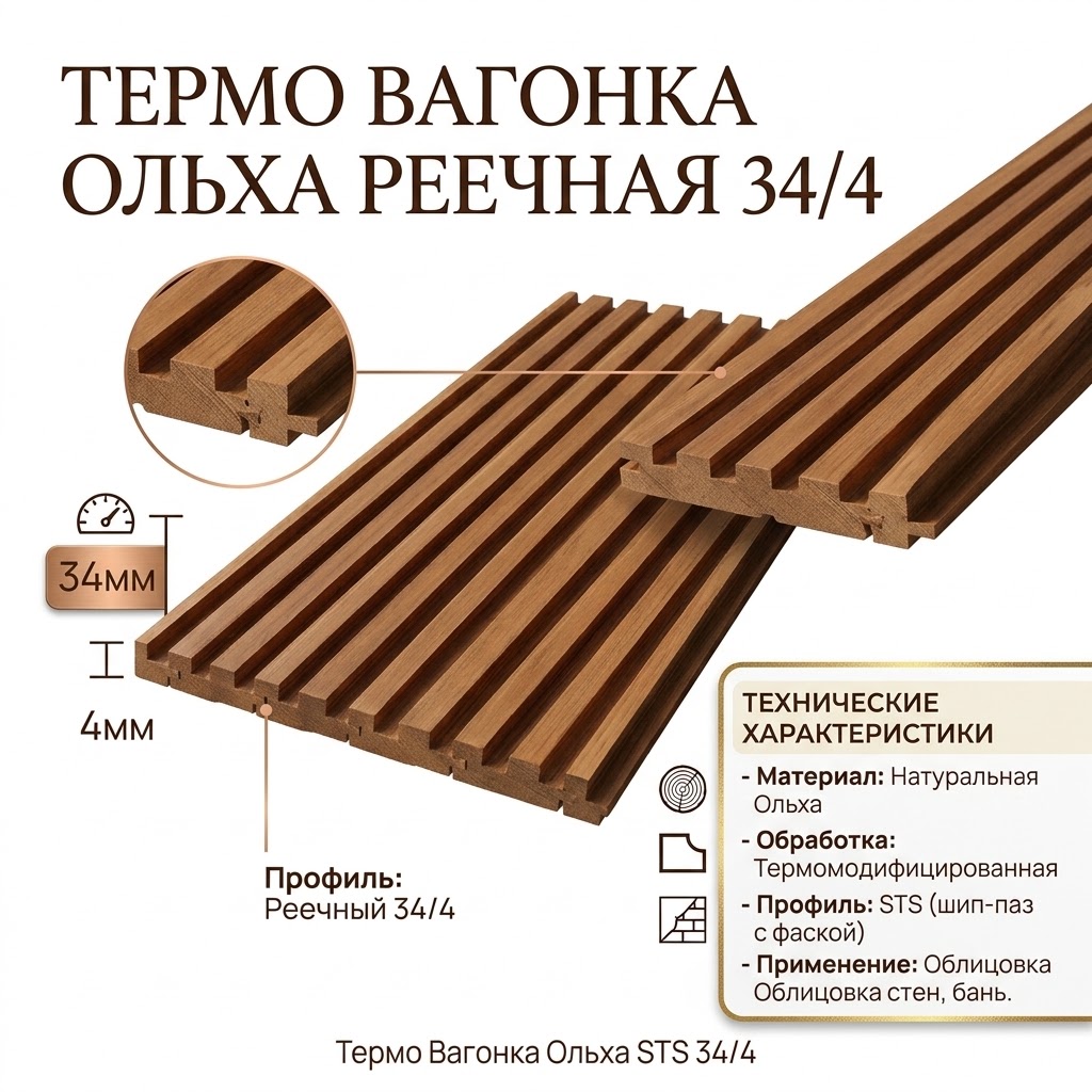 Термо Вагонка Ольха реечная 34/4 15x78 2.2м