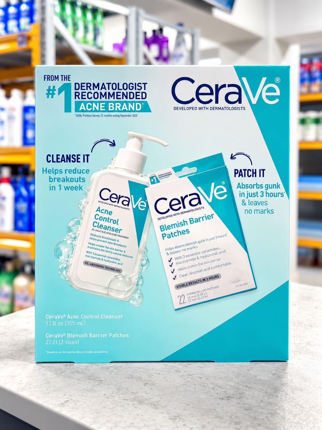 CeraVe Acne Control — набор: гель для умывания 355 мл + пластыри от прыщей 22 шт.