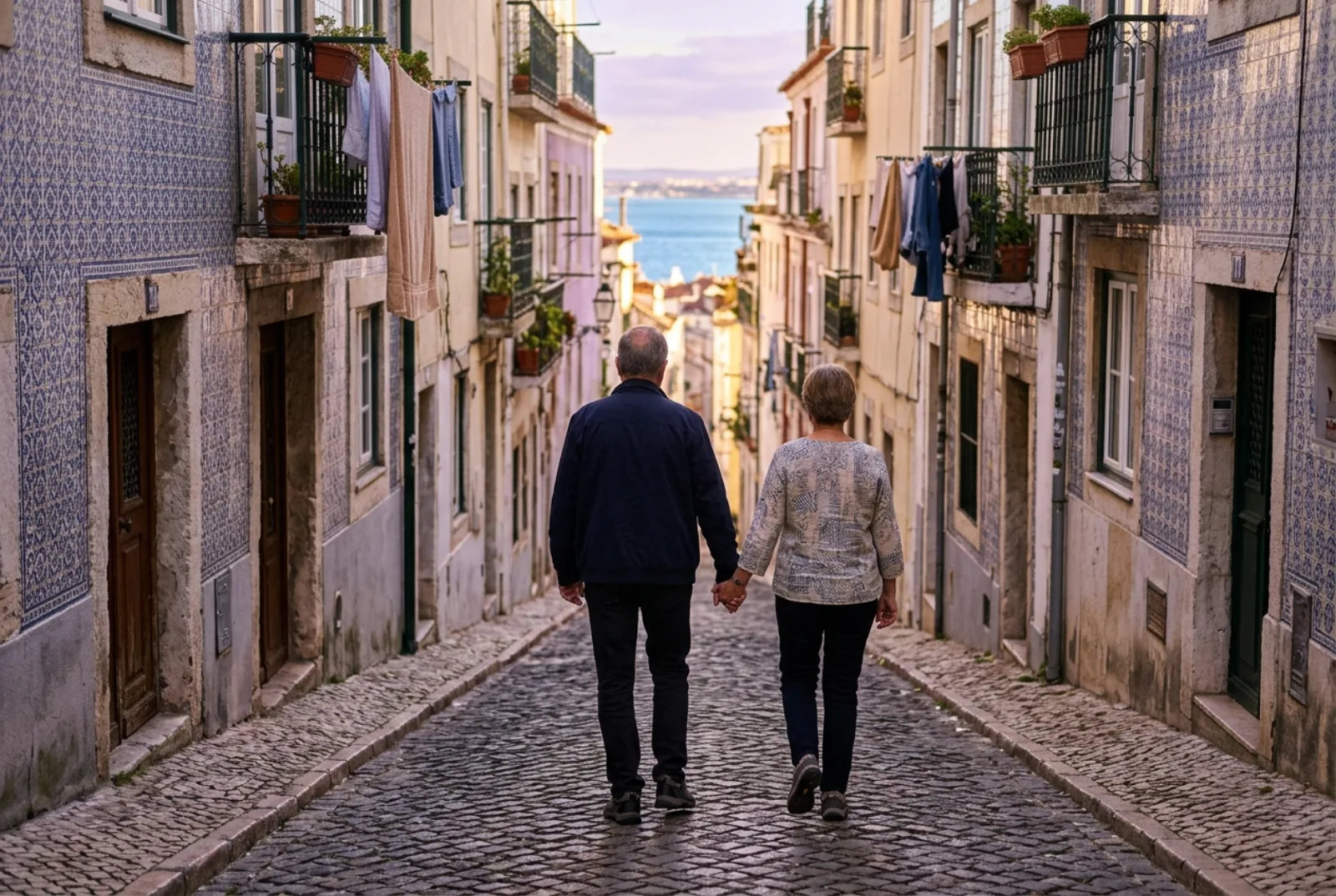 Casal de idosos de mãos dadas numa rua de calçada em Lisboa