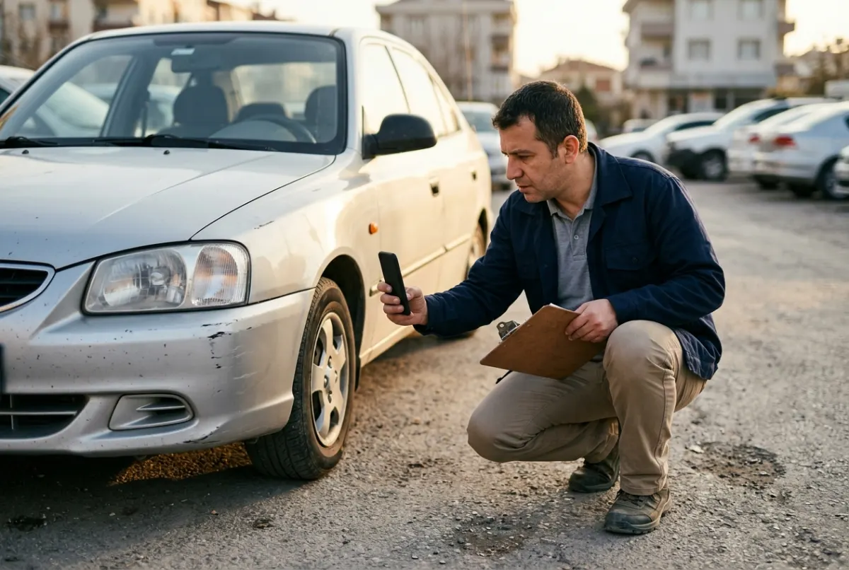 Araç teslim kontrolünde çalışan, aracın ön tamponunu telefonuyla fotoğraflıyor.