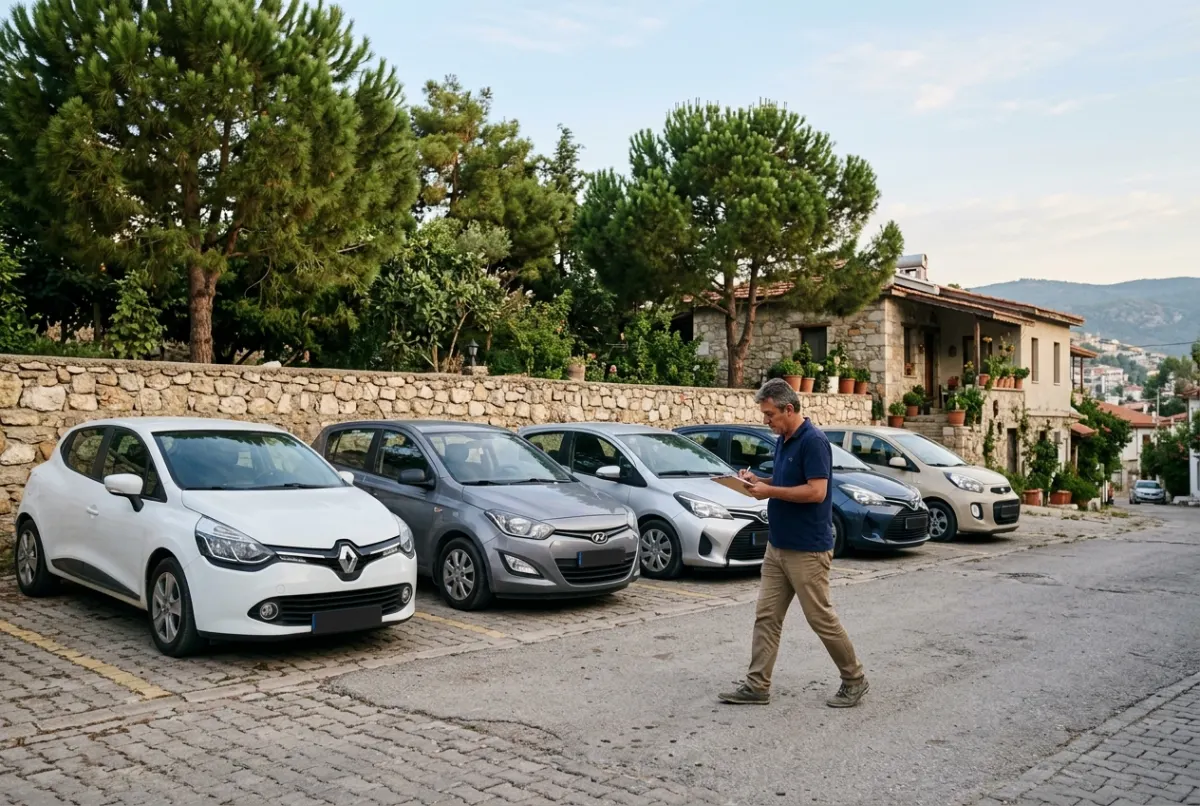 Küçük bir kiralama işletmesinin otoparkında sıralanmış temiz kompakt otomobiller.