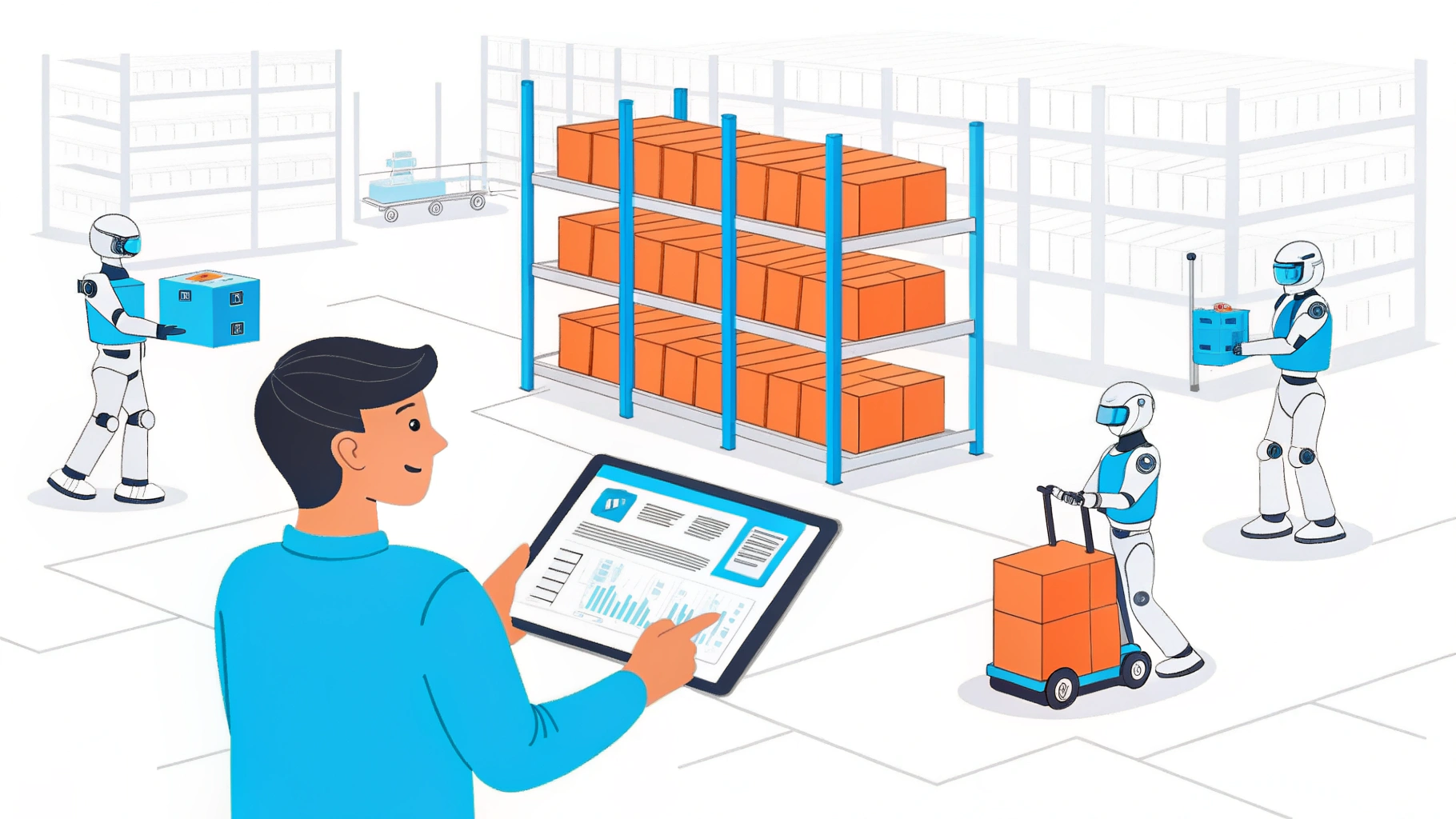 AI-powered inventory management system with robots automating warehouse operations for optimized stock control and efficiency.