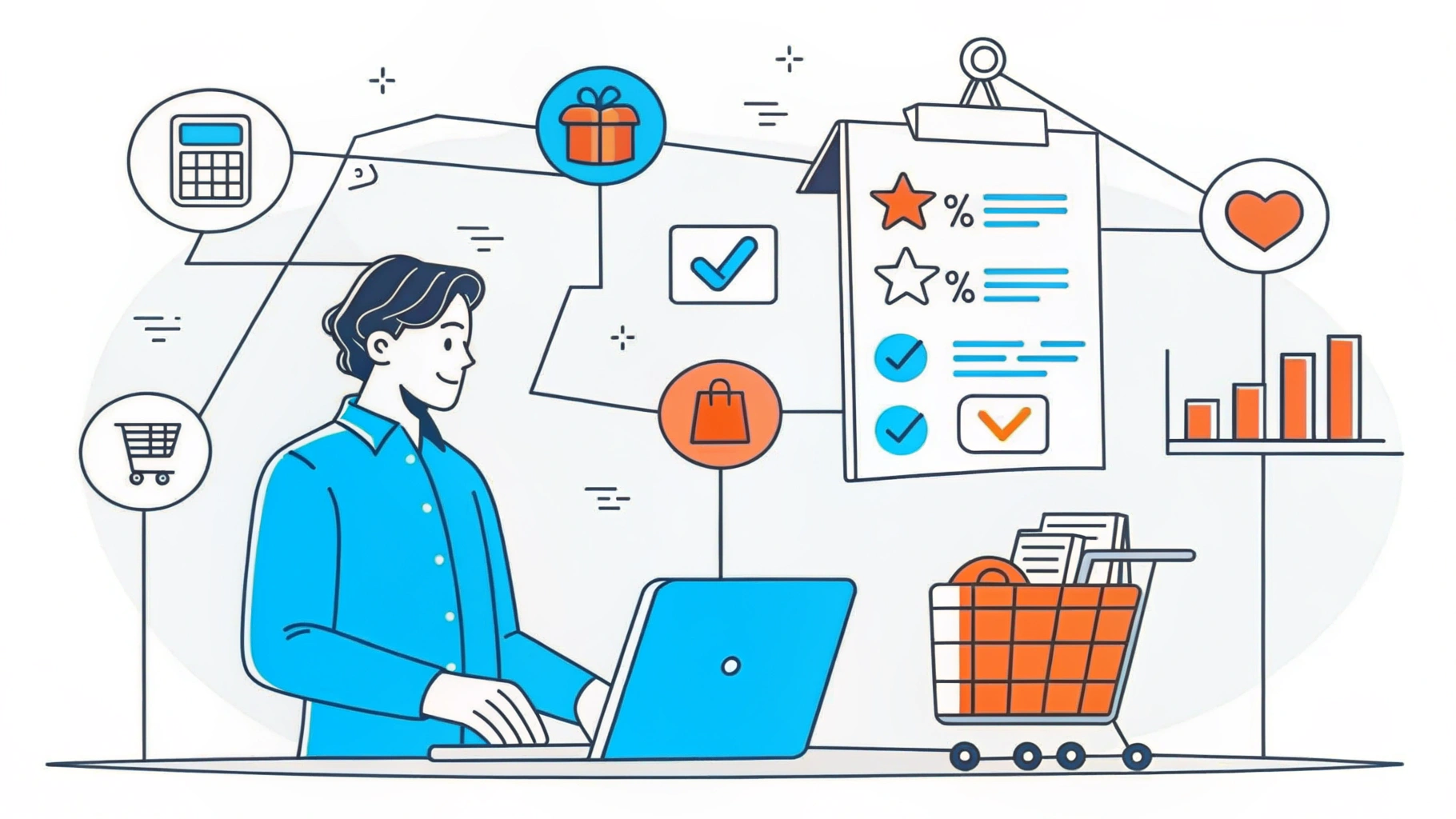 Stylised digital illustration of AI-powered eCommerce analytics with a man using a laptop, shopping cart, and data-driven recommendations