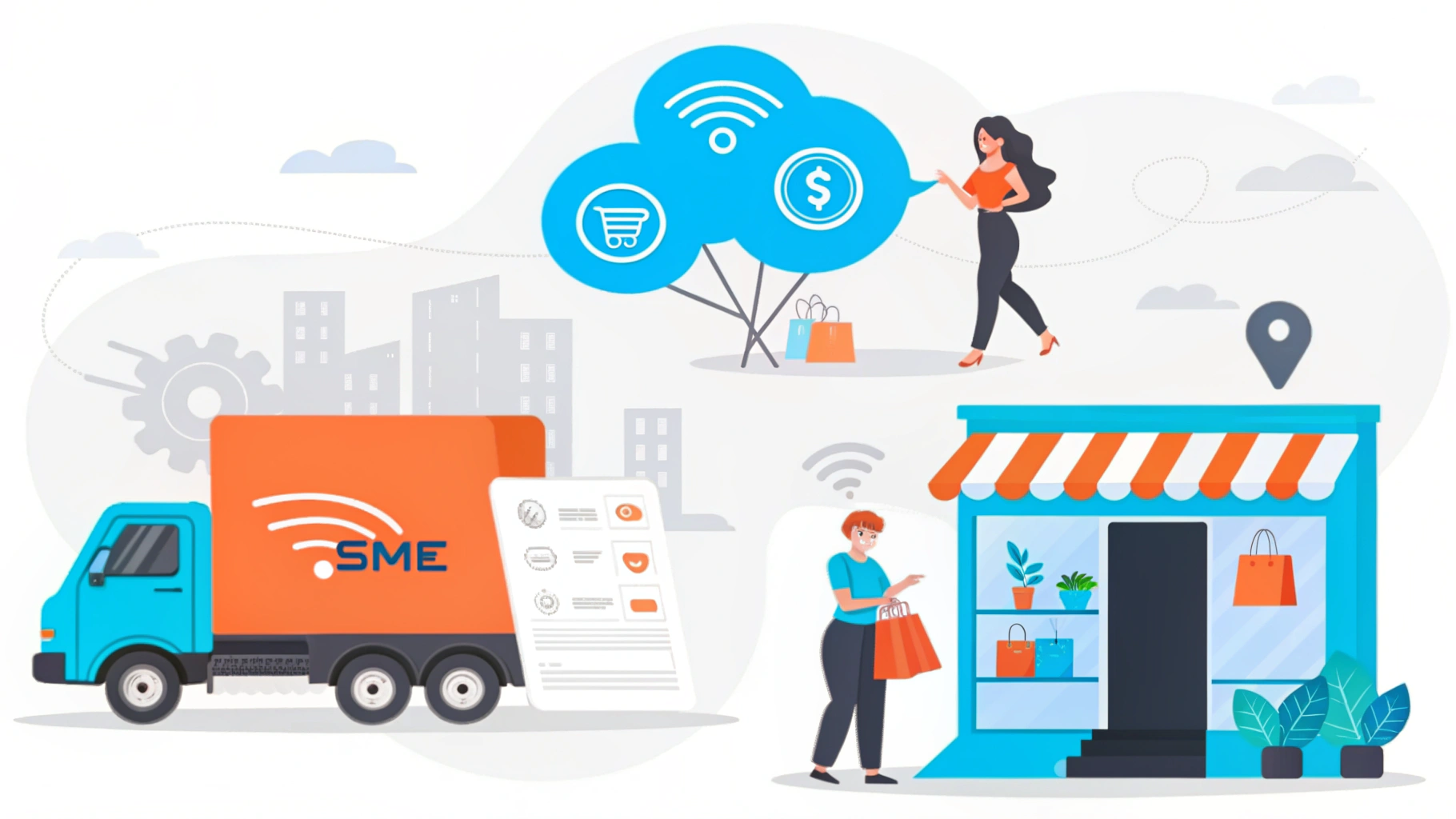 Modern digital illustration of AI-powered eCommerce for SMEs, featuring a delivery truck, online shopping elements, and a storefront