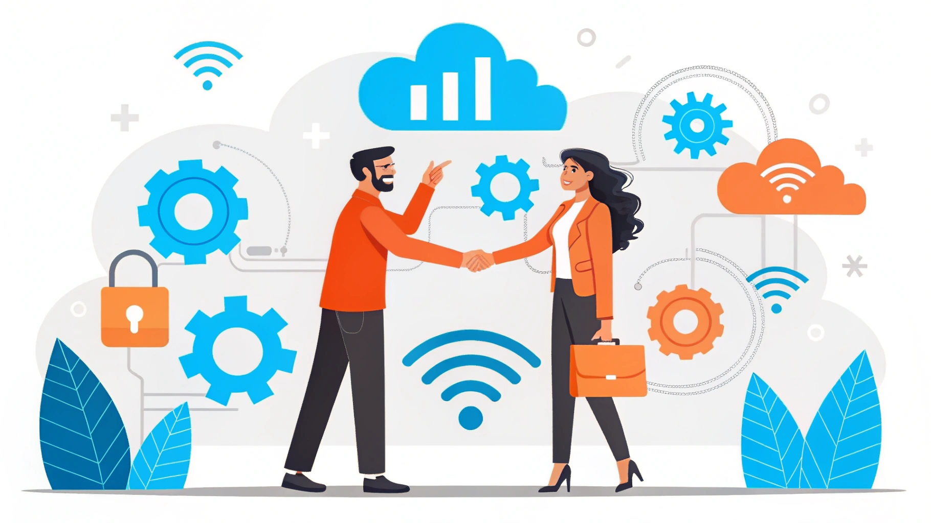 Modern digital illustration of AI-powered business collaboration, featuring two professionals shaking hands with technology icons in the background.