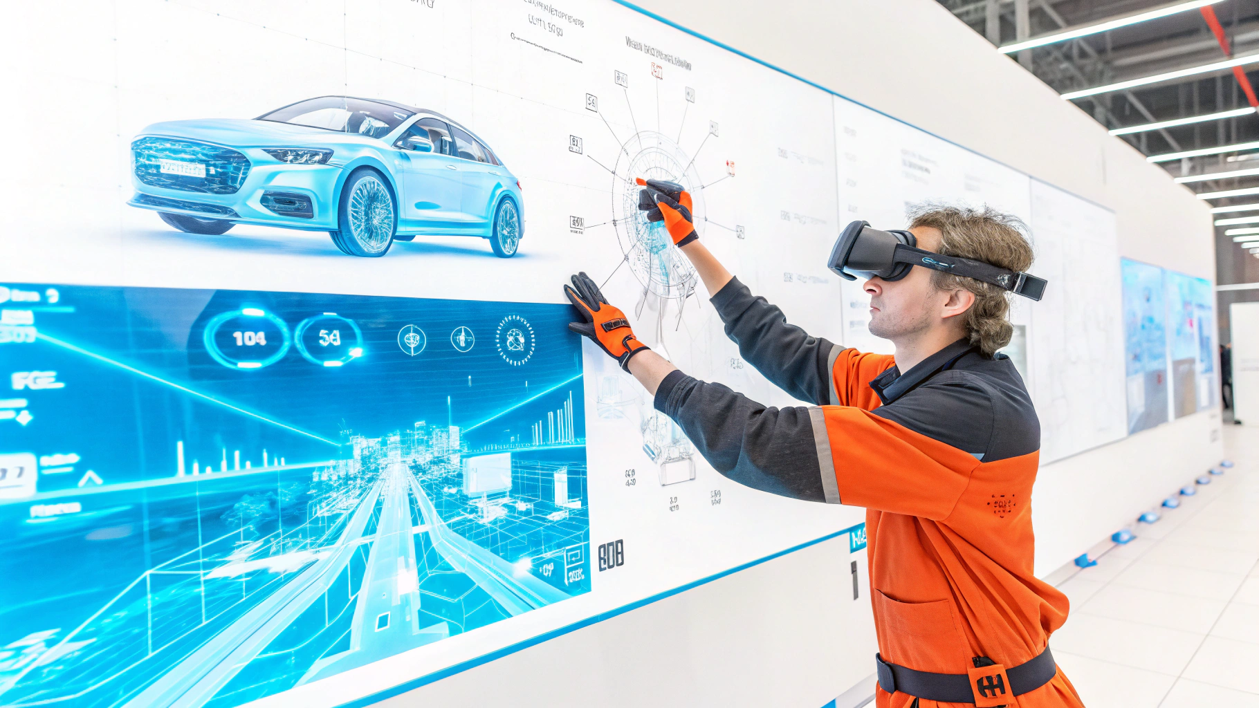 Engineer wearing a VR headset and gloves interacting with a futuristic automotive interface displaying a digital car design and technical schematics.