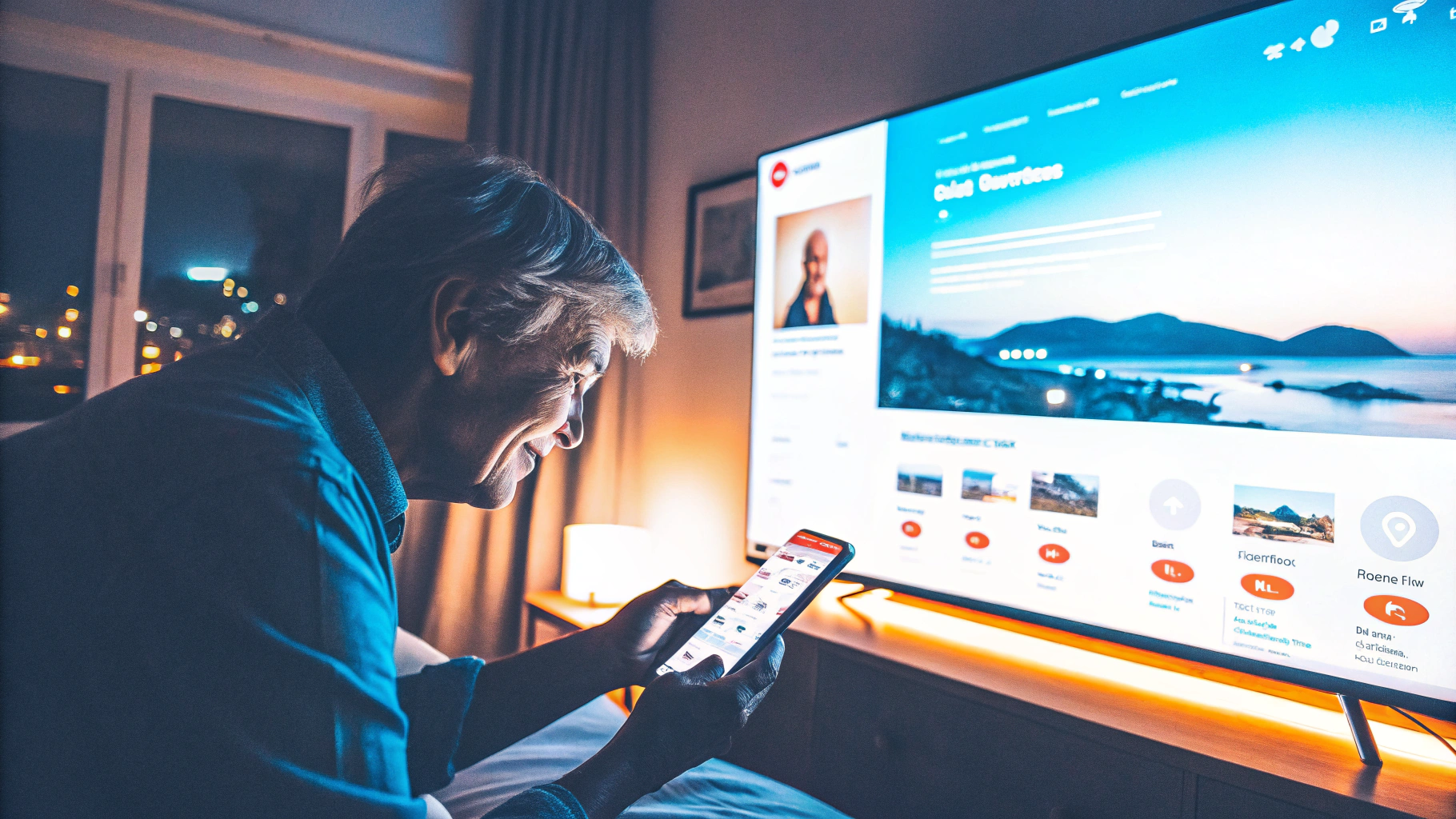 Elderly man using a smartphone while browsing a travel website on a large smart TV in a cosy, dimly lit room.