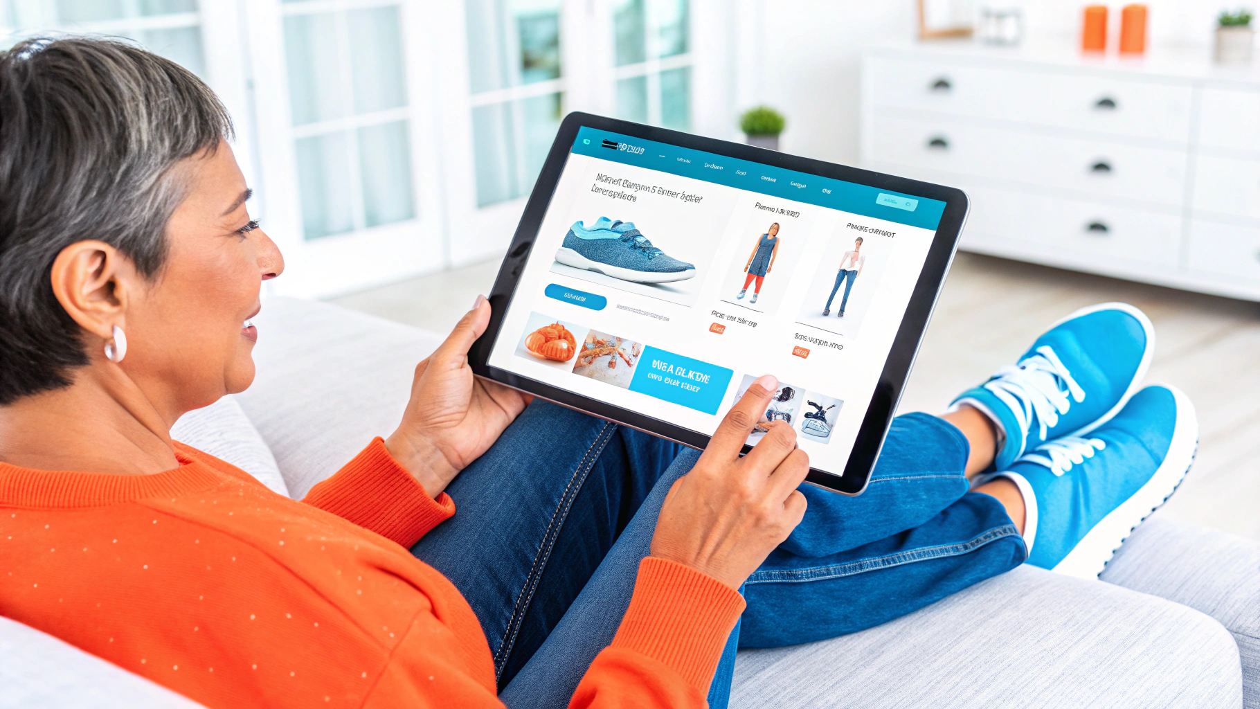 Smiling woman shopping online using a tablet while relaxing on a sofa, browsing an e-commerce website for shoes and clothing.