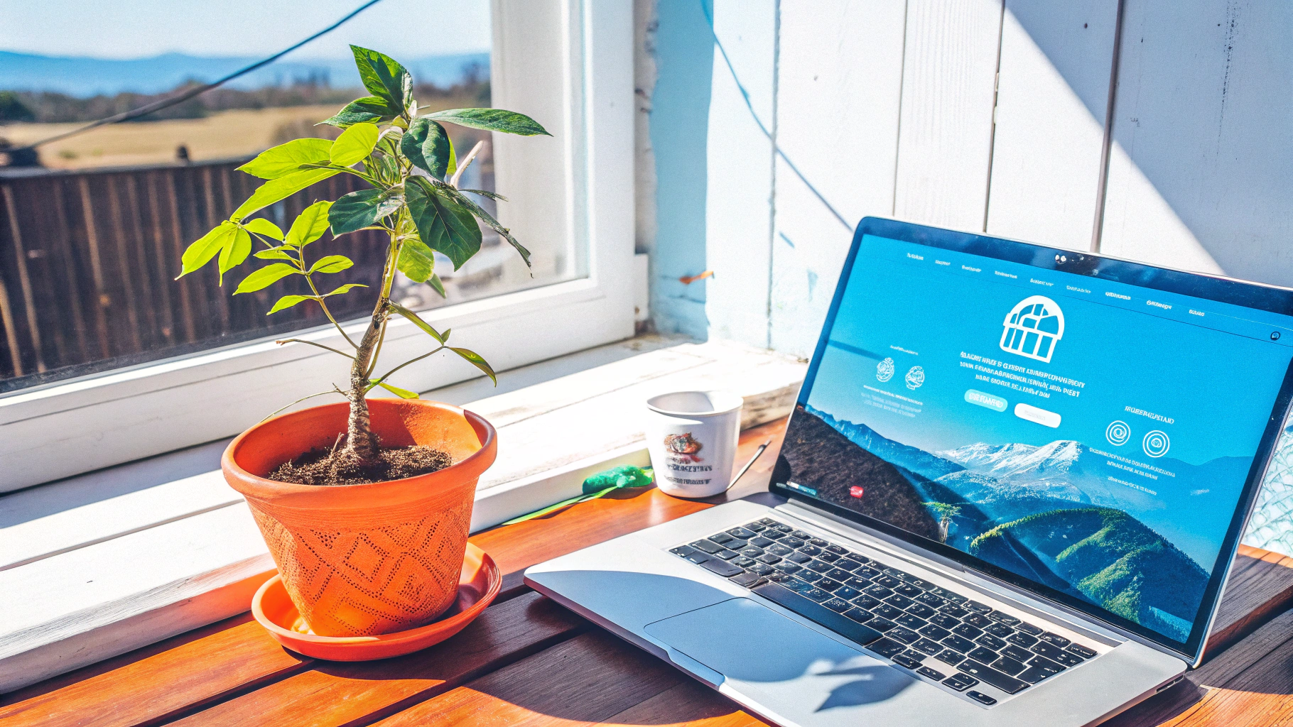 Laptop displaying a travel website on a wooden table near a sunlit window, next to a potted plant and a coffee mug.