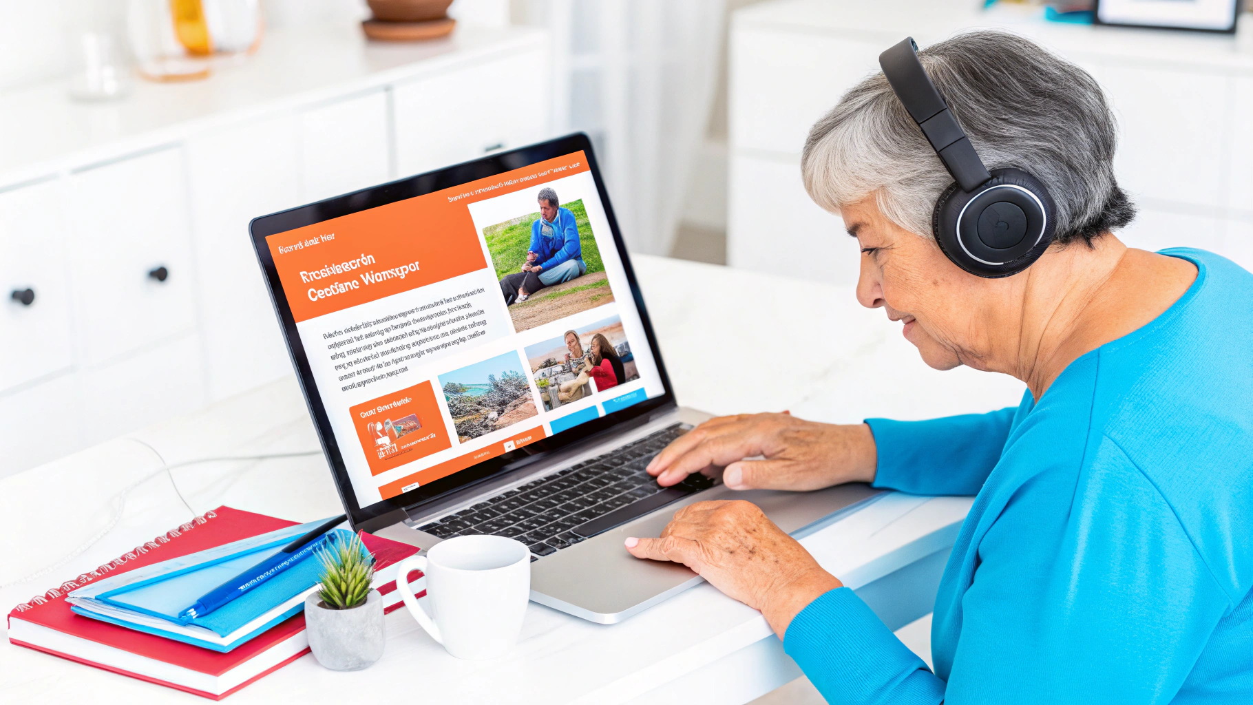 Elderly woman wearing headphones using a laptop at a white desk, browsing an educational or informational website.