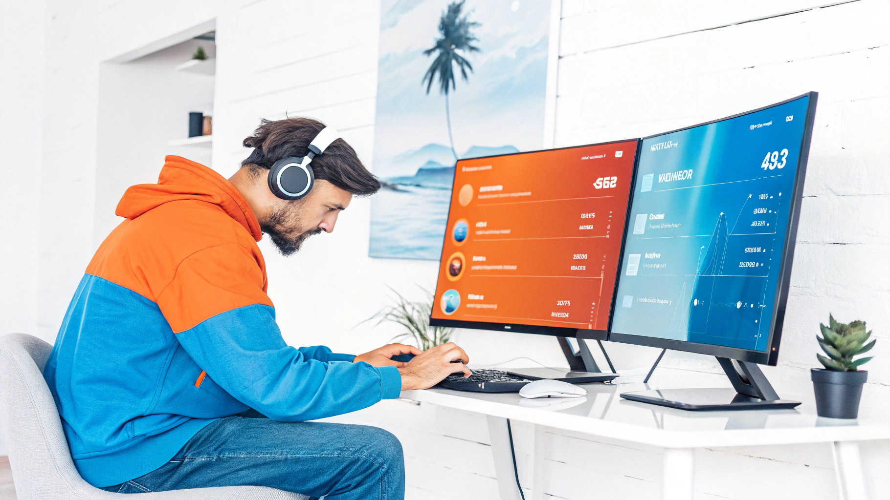 Man wearing headphones working at a modern desk with dual monitors displaying data analytics in a bright, minimalist home office.