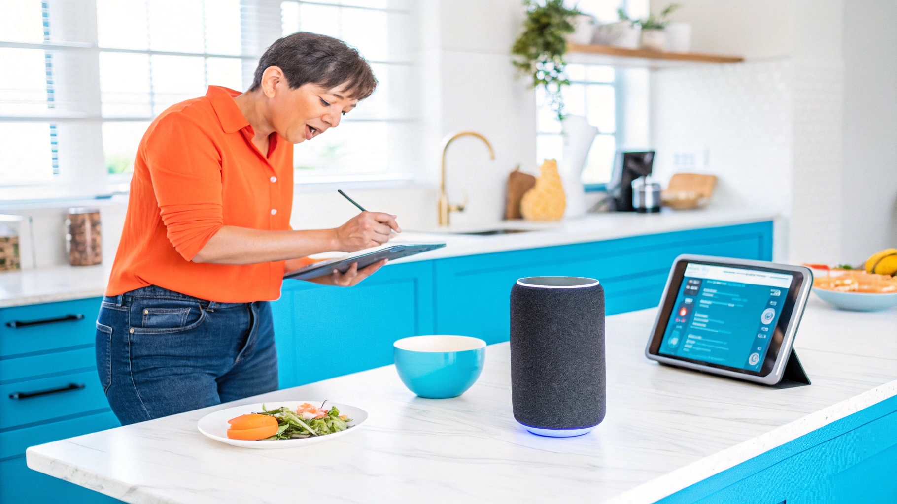 Woman using a tablet and speaking to a smart speaker in a modern kitchen, with a plate of healthy food on the counter.