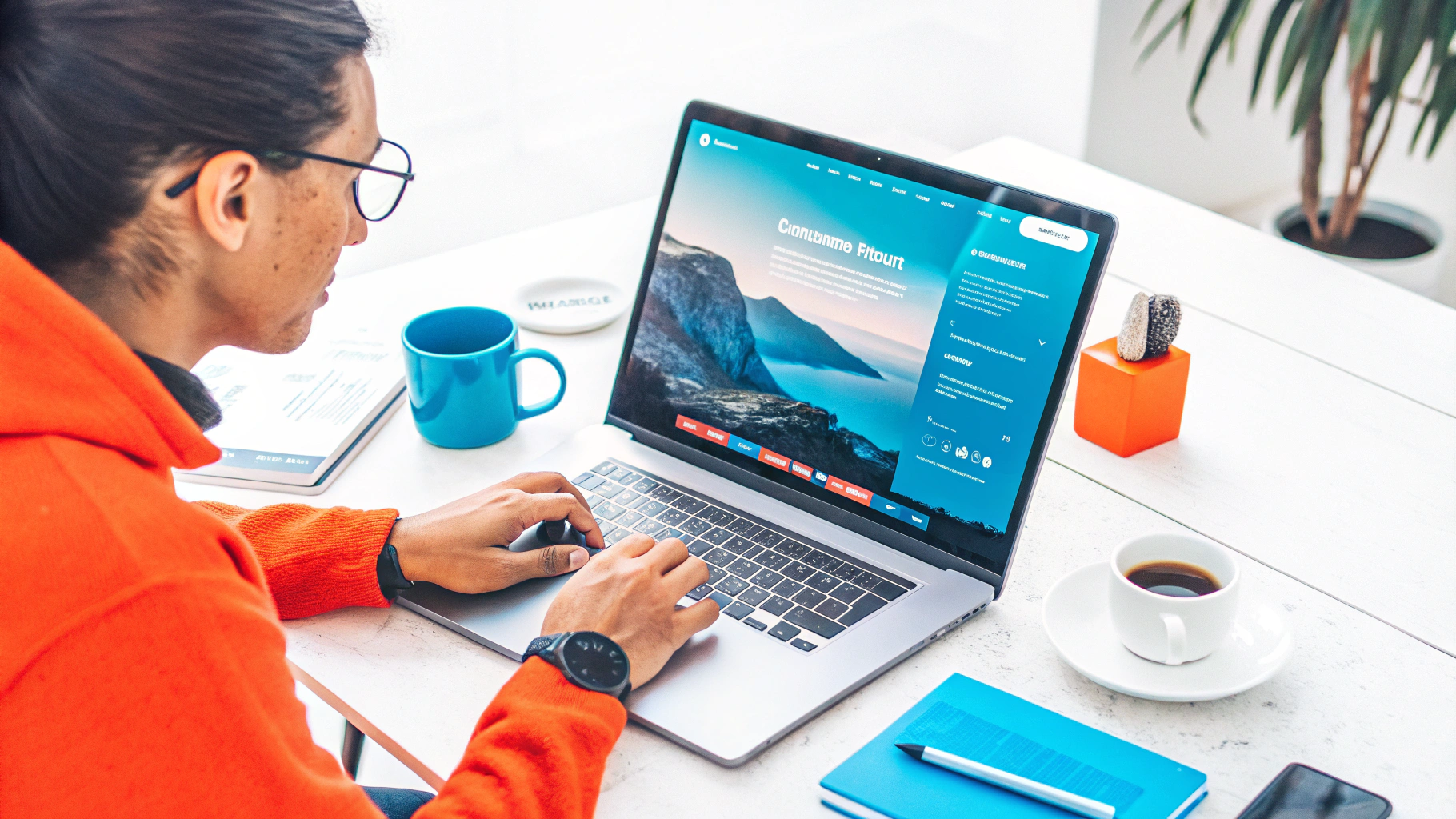 Person wearing glasses and an orange hoodie working on a laptop at a bright, modern desk with a travel website open on the screen.