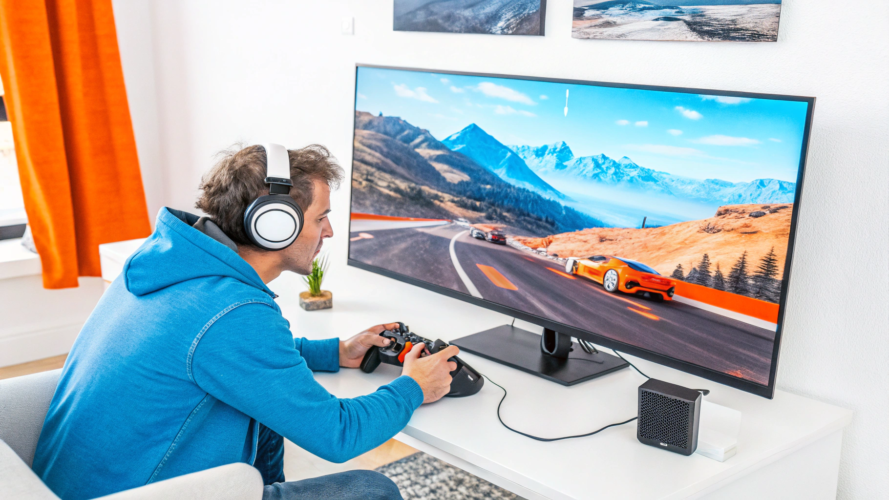 Man wearing headphones playing a racing video game on a large screen with a controller in a modern gaming setup.