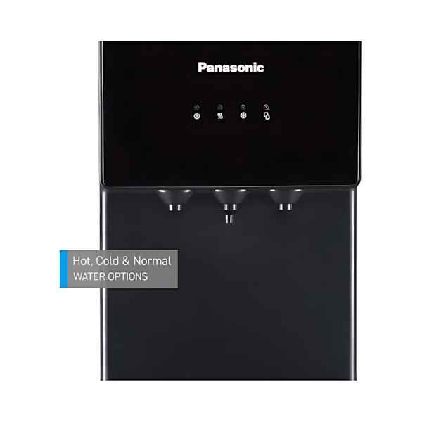 مبردة مياه Panasonic بماء بارد وساخن وعادي مع قفل أمان للأطفال – أسود وباب فضي