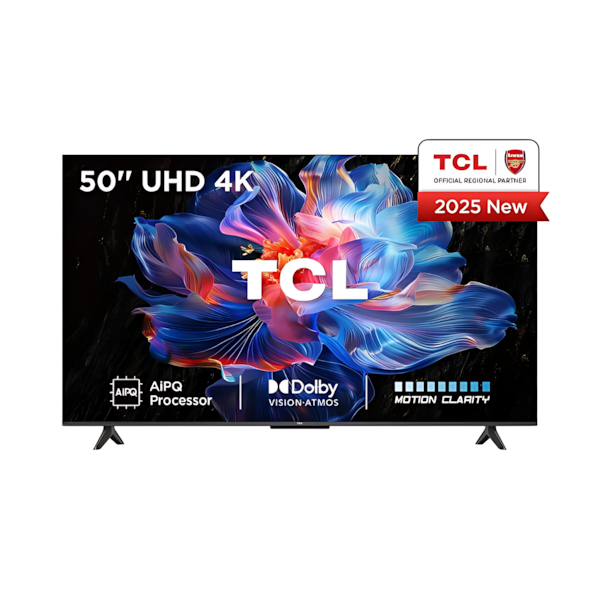 شاشة TCL ذكية 4K Ultra HD 2025 مع ريسيفر داخلي – متوفرة بمقاسات 50، 55، 65، 75 بوصة