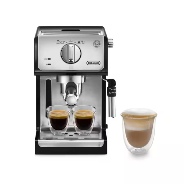 ماكينة قهوة Delonghi إسبريسو وكابوتشينو - 15 بار - أسود وكروم - 1100W