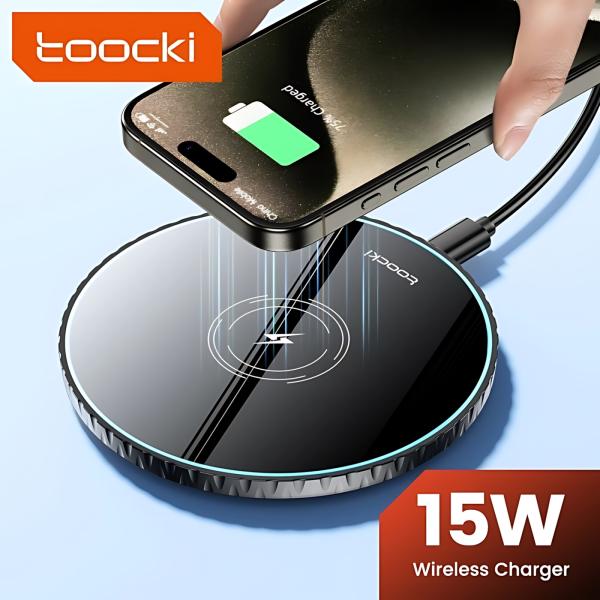 Toocki قاعدة شحن لاسلكي 15 واط – شاحن سريع متوافق مع آيفون، سامسونج، AirPods