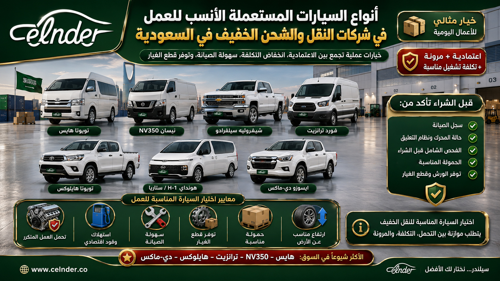 أنواع السيارات المستعملة الأنسب للعمل في شركات النقل والشحن الخفيف في السعودية