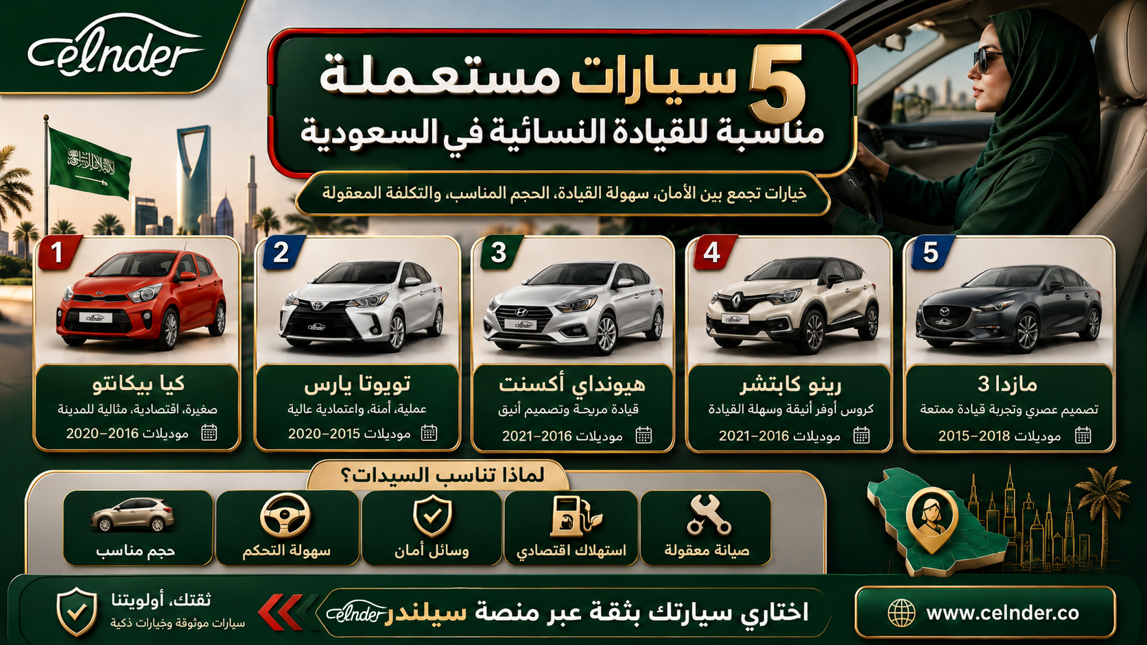 5  سيارات مستعملة مناسبة للقيادة النسائية في السعودية