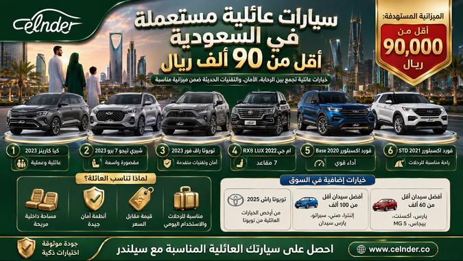 سيارات عائلية مستعملة في السعودية أقل من 90 ألف ريال