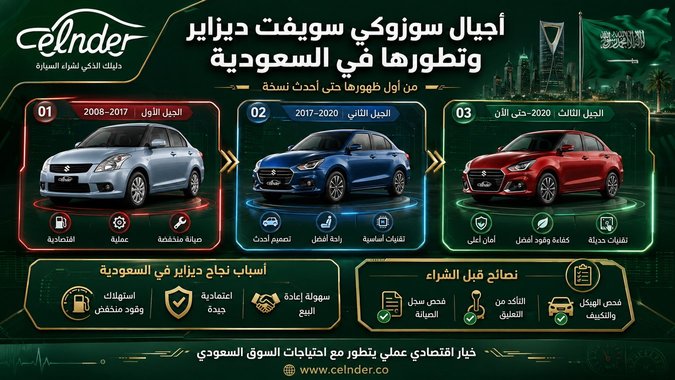 أجيال سوزوكي سويفت ديزاير وتطورها في السعودية