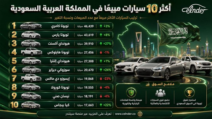 أكثر 10 سيارات مبيعاً في المملكة العربية السعودية