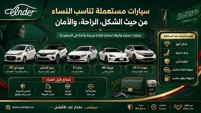 سيارات مستعملة تناسب النساء من حيث الشكل، الراحة، والأمان