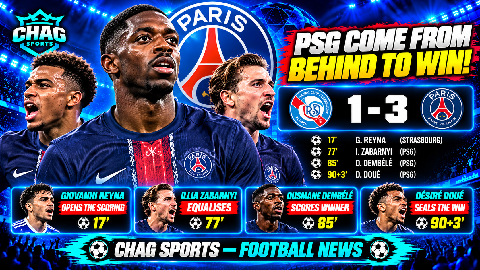Paris Saint-Germain players celebrate their 3–1 comeback victory over Strasbourg in a Chag Sports football news graphic.