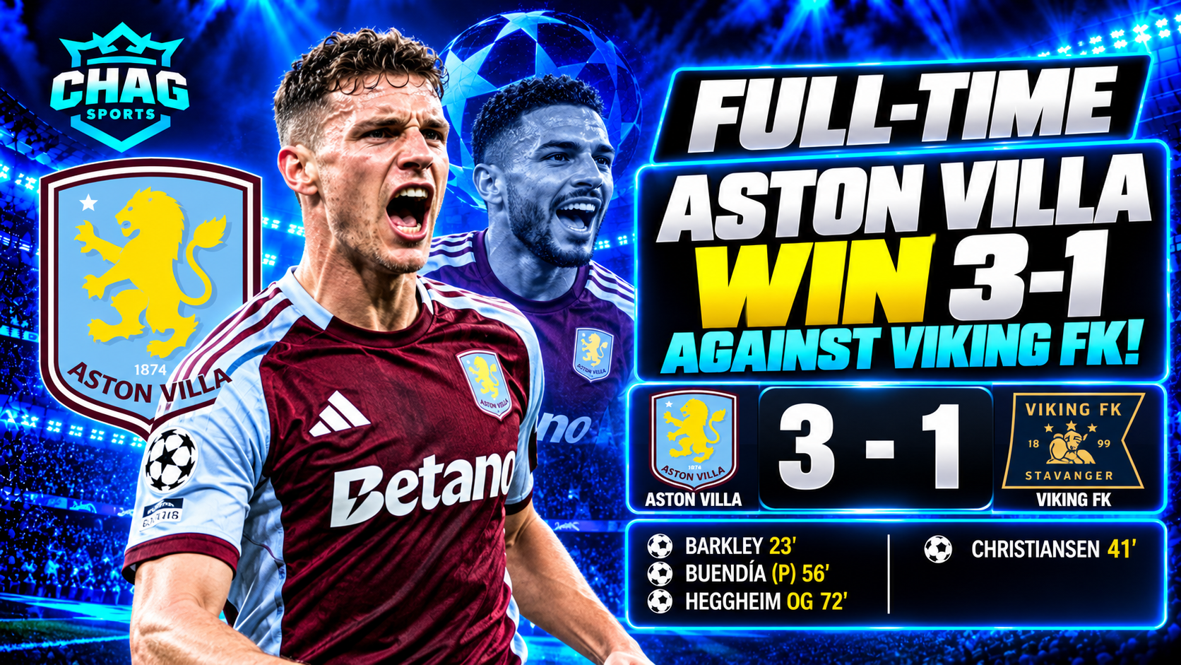 Chag Sports graphic showing Aston Villa’s 3–1 victory over Viking FK in the Champions League on 21 October 2026, featuring celebrating Aston Villa players, team crests, and the full-time score.