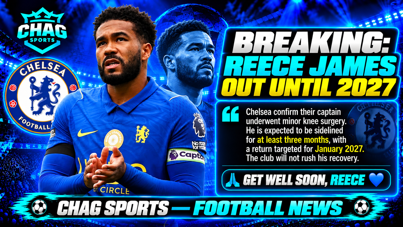 Chelsea captain Reece James in his blue Chelsea shirt in a Chag Sports breaking-news graphic about his knee injury.
