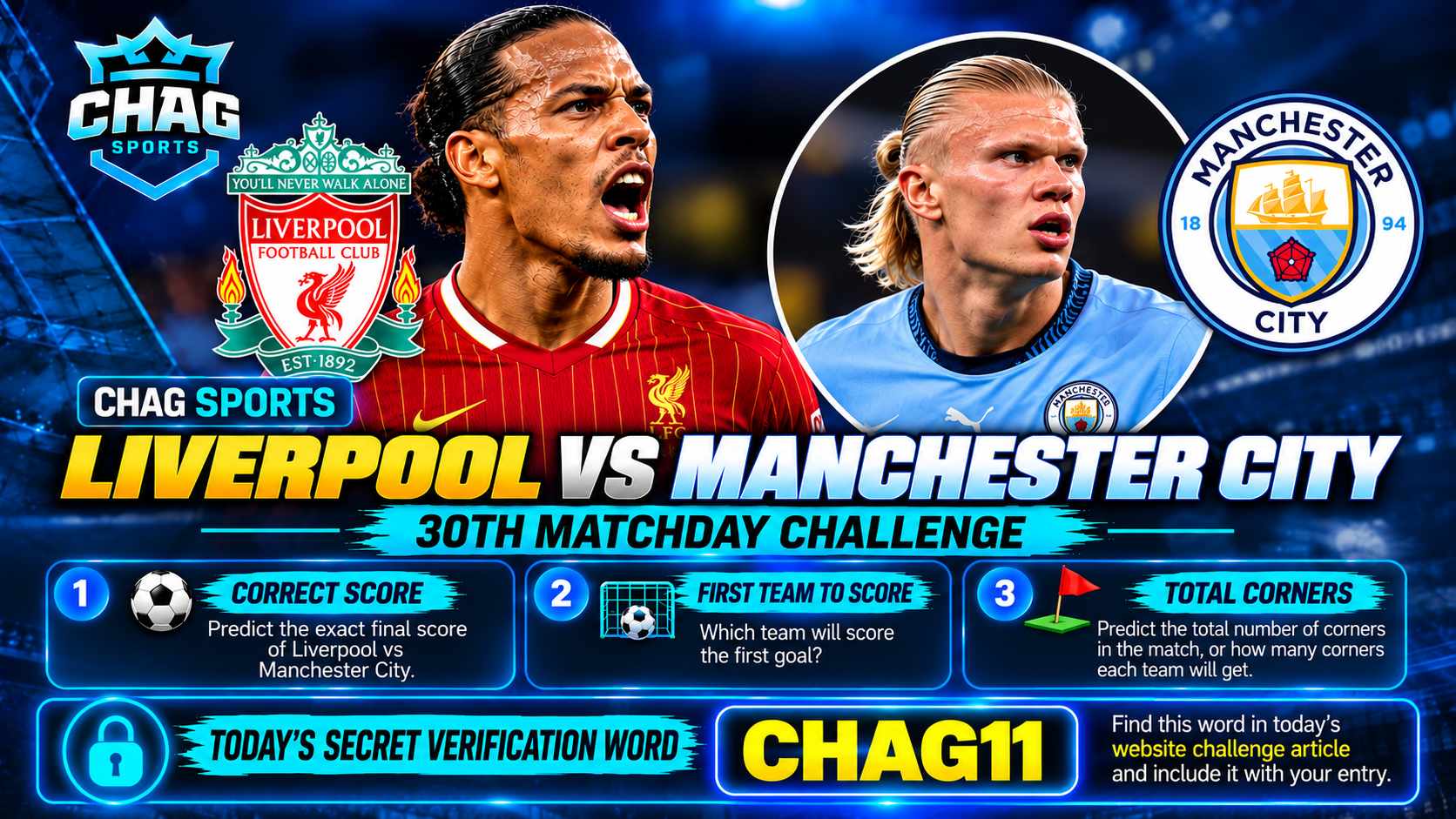 Liverpool vs Manchester City Matchday Challenge featuring Virgil van Dijk and Erling Haaland, with a ₦30,000 prize pool, ₦20,000 first prize, ₦10,000 second prize, and Chag Sports branding.