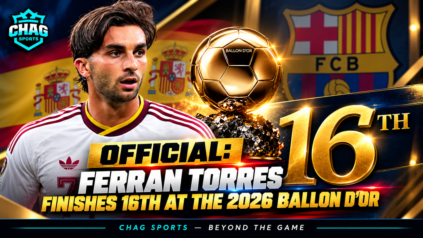 Ferran Torres in Spain's national team shirt alongside the Ballon d’Or trophy, marking his 16th-place finish in the 2026 rankings.
