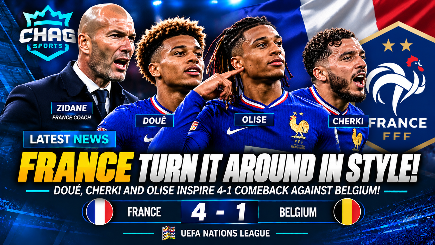 Zinedine Zidane with Doué, Olise and Cherki after France's 4–1 comeback against Belgium