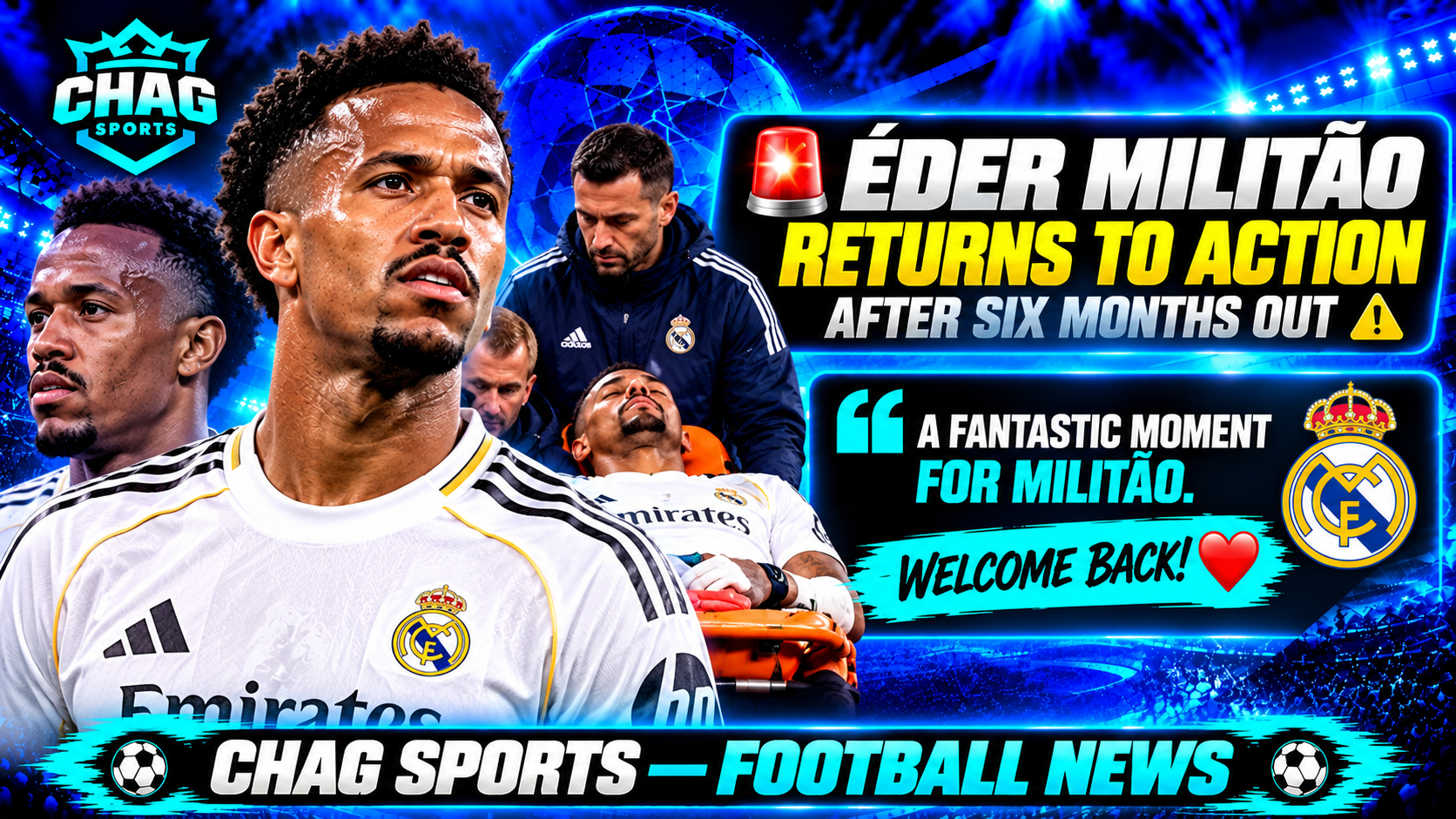 Éder Militão wearing a Real Madrid shirt as the Brazilian defender returns to action after six months out injured.