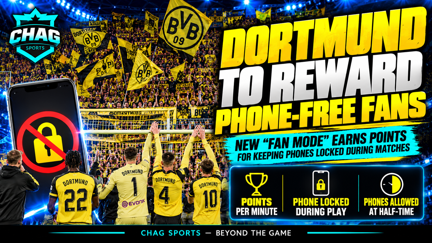 Borussia Dortmund supporters in yellow and black at Signal Iduna Park as the club introduces Fan Mode to encourage phone-free matchday experiences.