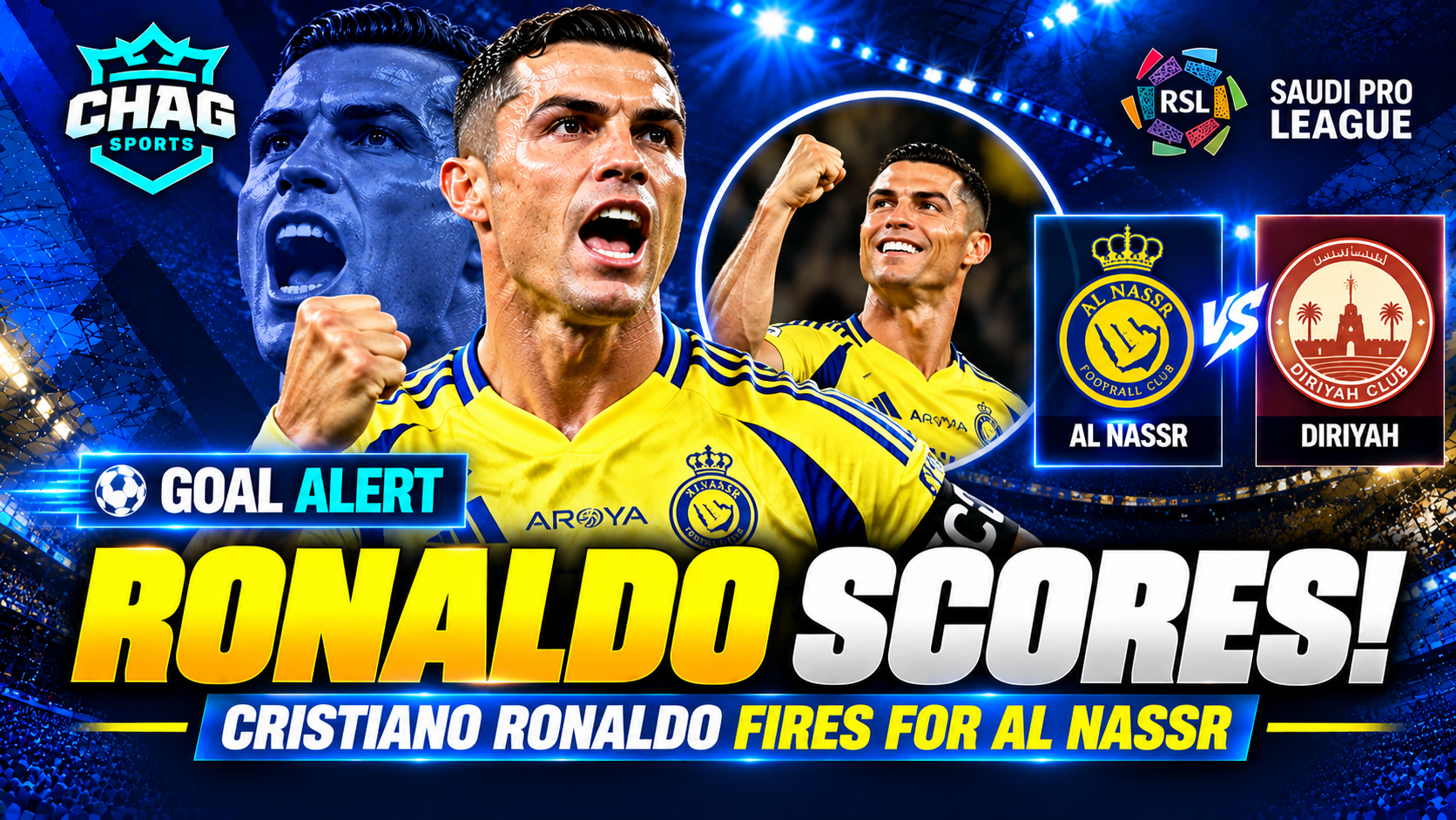 Cristiano Ronaldo celebrating after scoring for Al Nassr against Diriyah in the Saudi Pro League.