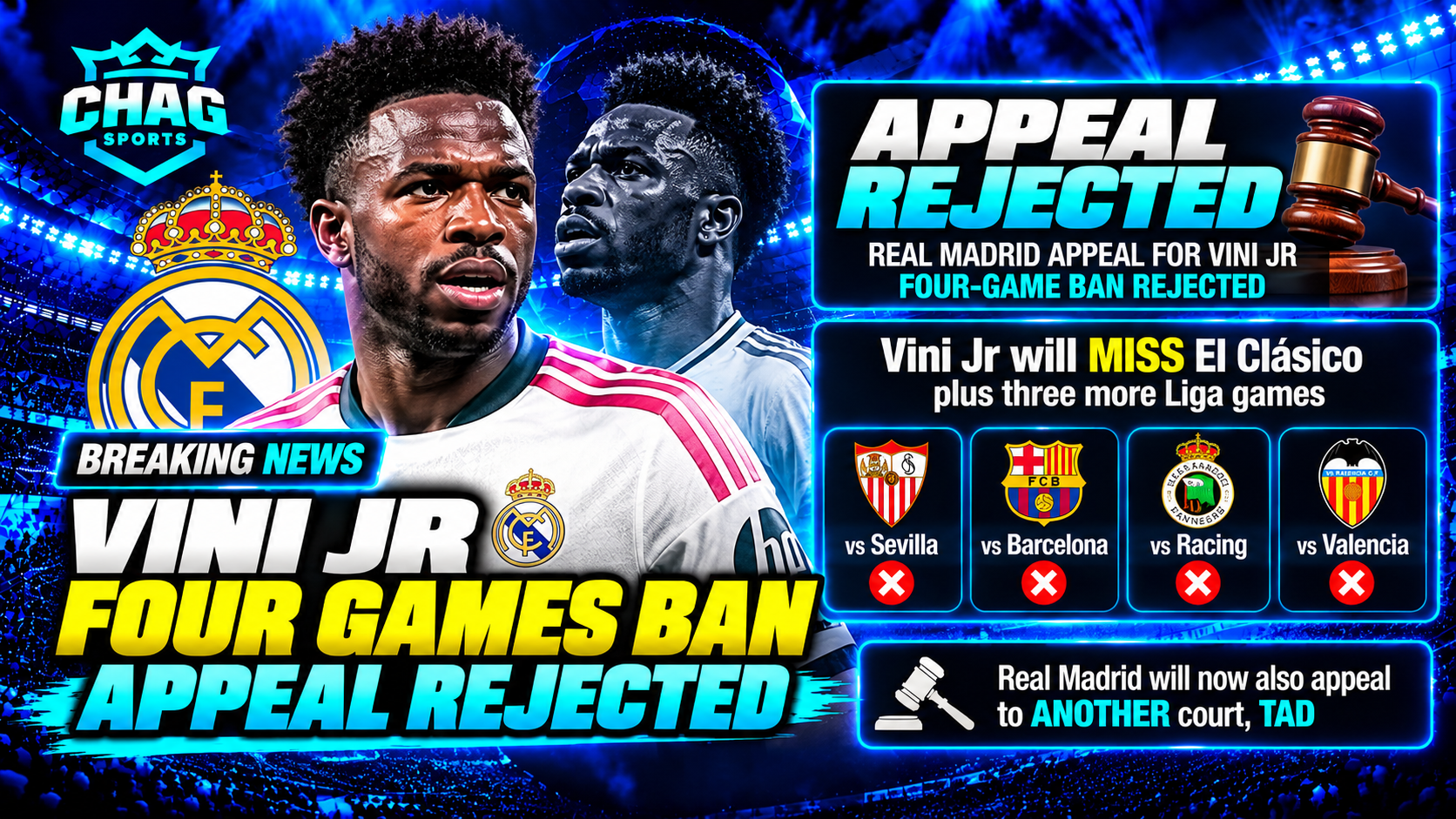 Vinícius Júnior in his Real Madrid kit in a Chag Sports graphic about the reported rejection of Real Madrid’s appeal against his four-game ban.