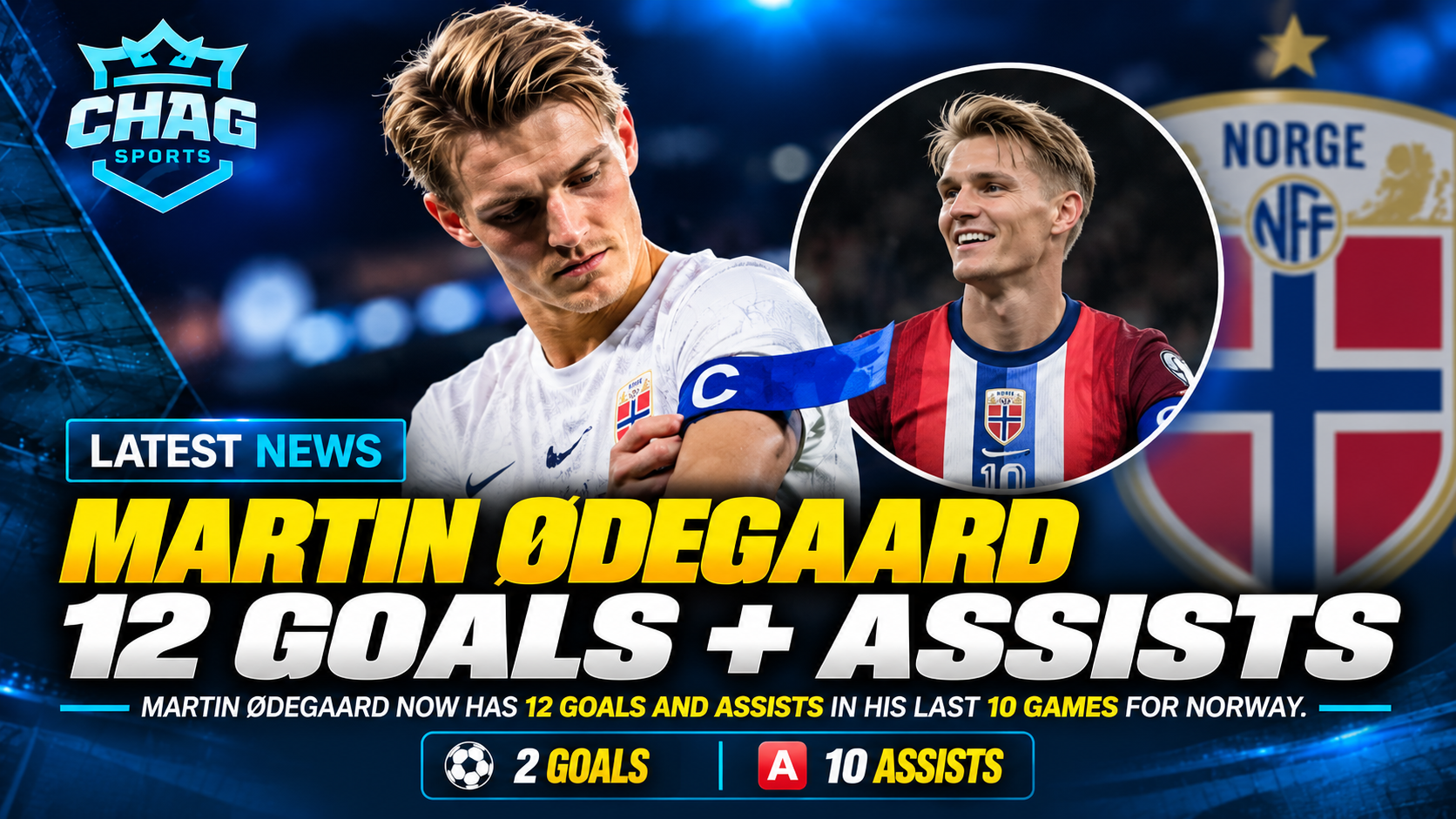 Martin Ødegaard has 12 goals and assists in his last 10 games for Norway