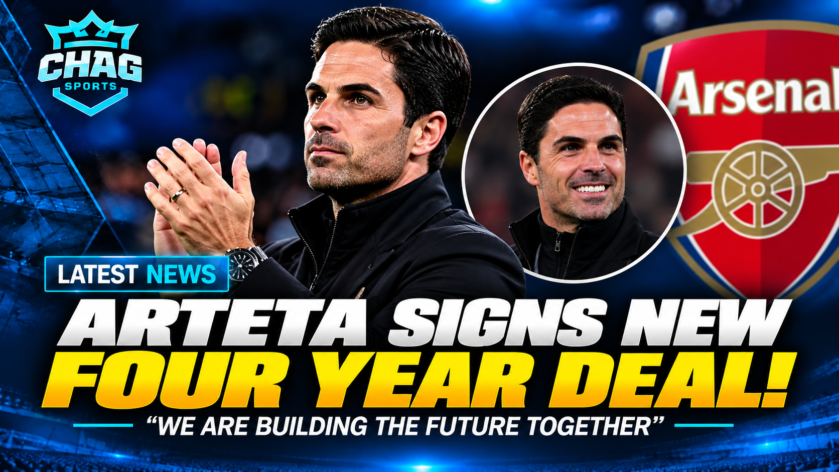 Mikel Arteta signing his new Arsenal contract with the Premier League trophy beside him