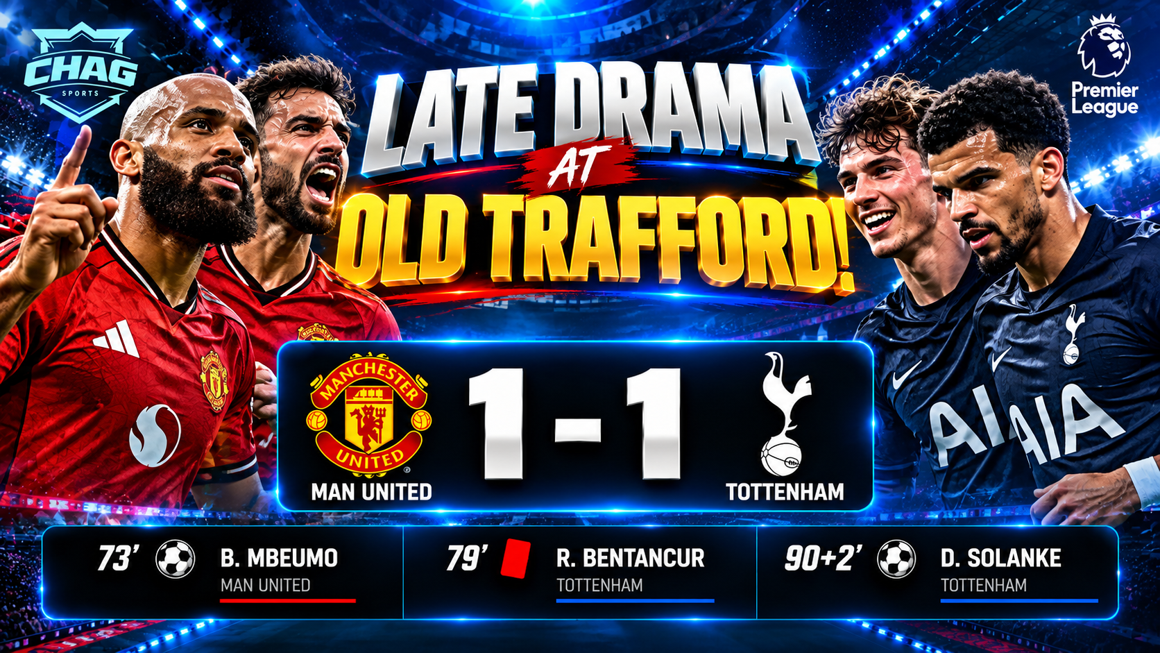 Manchester United 1–1 Tottenham Hotspur full-time result graphic featuring Bryan Mbeumo’s 73rd-minute goal, Rodrigo Bentancur’s red card and Dominic Solanke’s 90+2-minute equaliser, designed by Chag Sports.