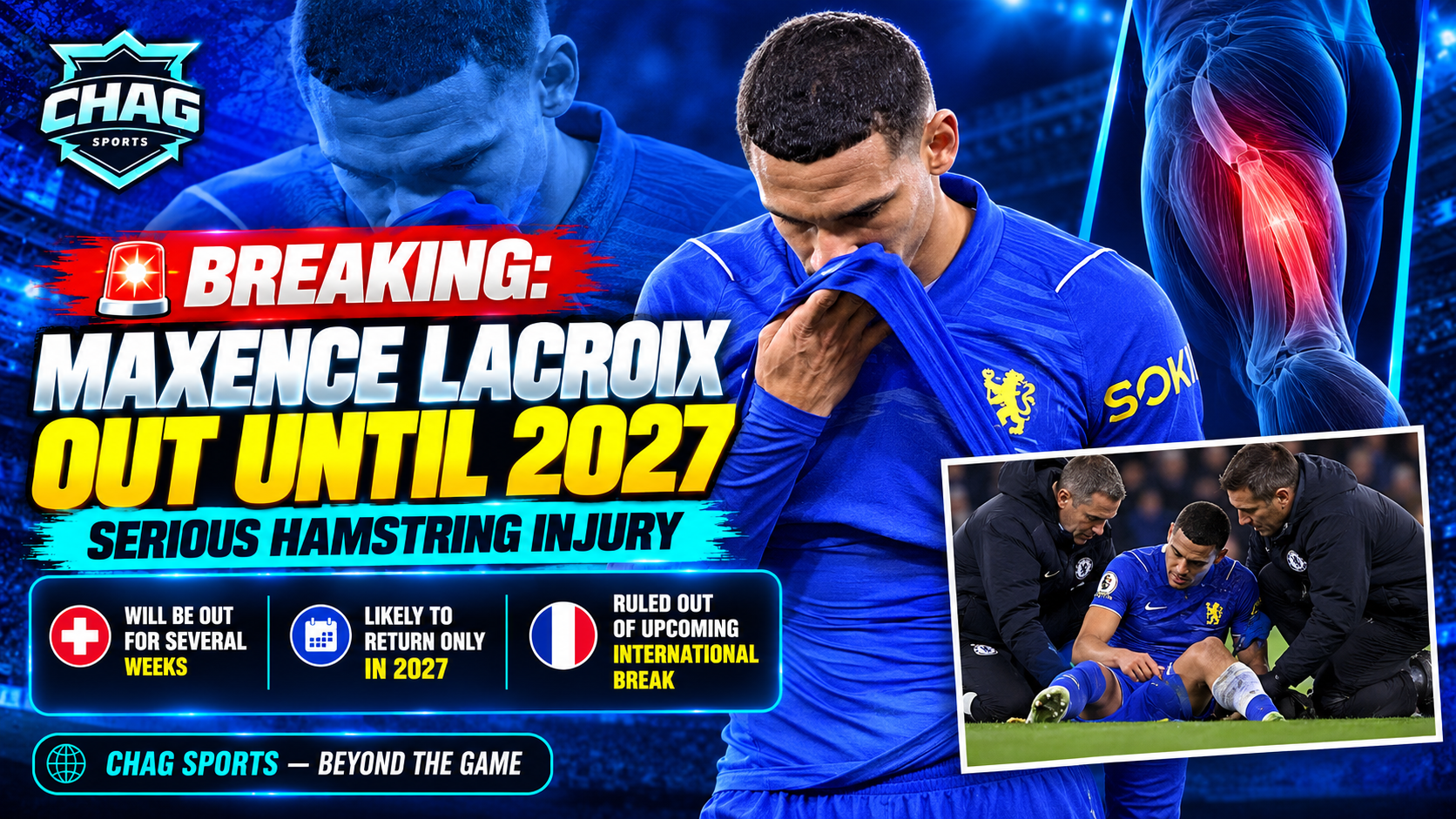 Maxence Lacroix holding his Chelsea shirt after suffering a hamstring injury, with a graphic highlighting his potential absence until 2027.