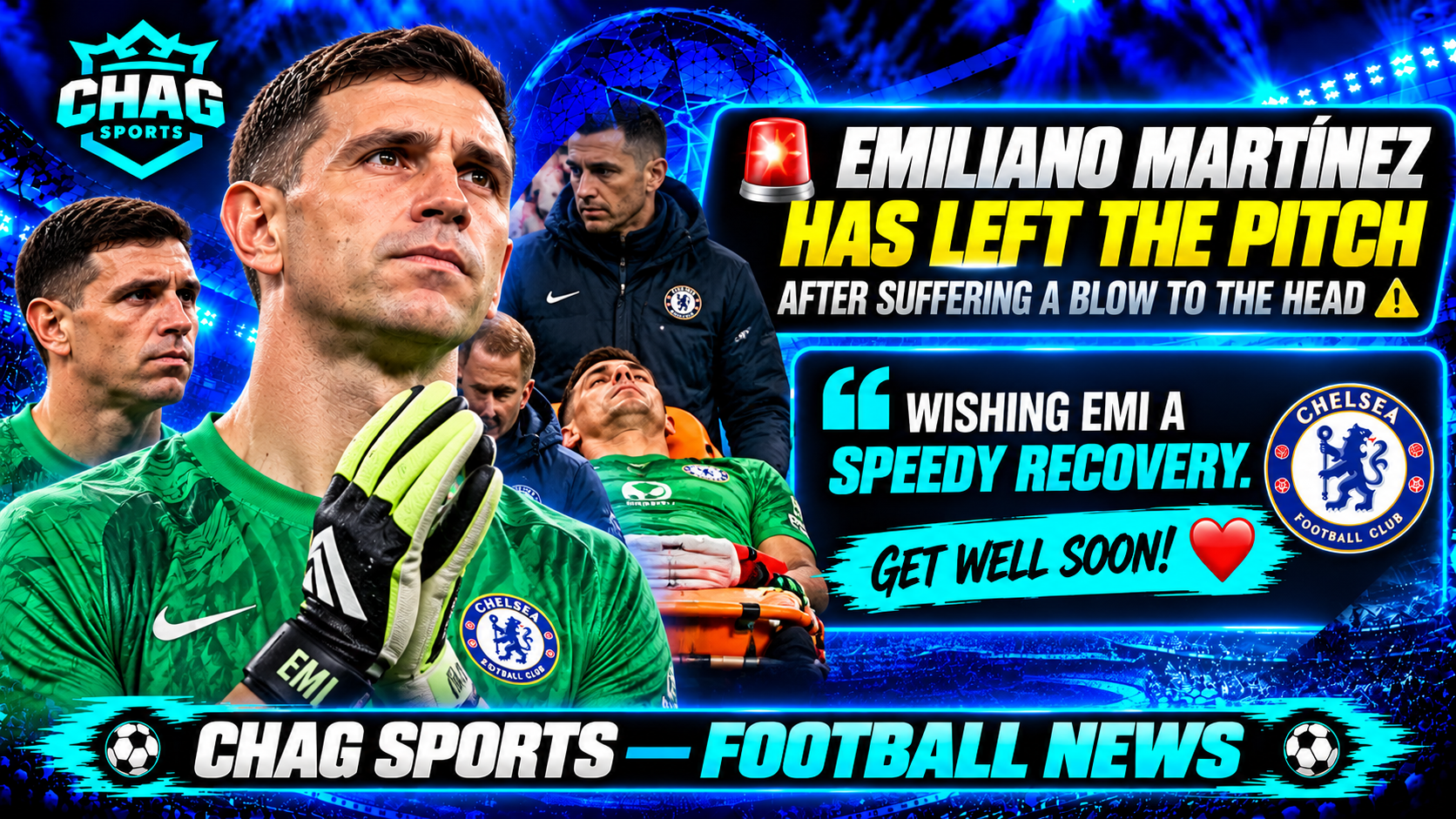 Emiliano Martínez in a Chelsea goalkeeper kit following a reported head injury during the Everton match.