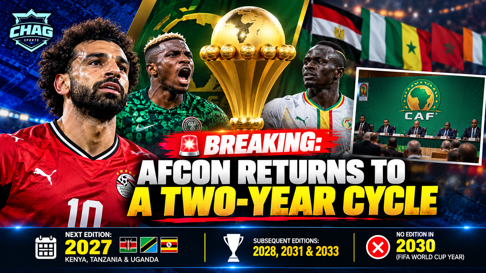Chag Sports breaking news graphic announcing AFCON's return to a two-year cycle.
