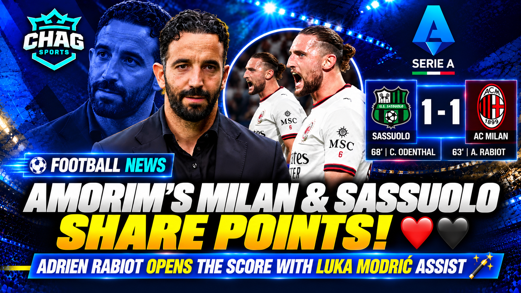 AC Milan and Sassuolo match result showing their 1–1 Serie A draw.
