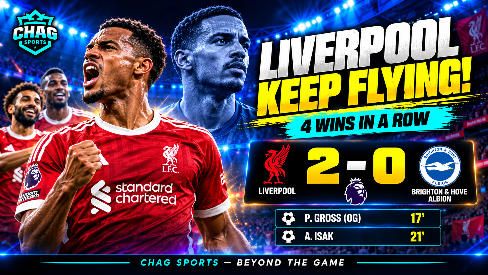 Liverpool celebrate their 2–0 victory over Brighton in a Premier League match.