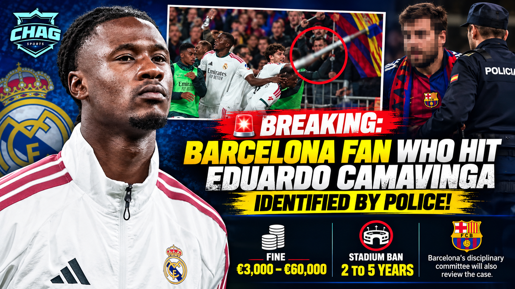 Eduardo Camavinga in a Real Madrid tracksuit alongside an image of the El Clásico incident involving a flagpole.