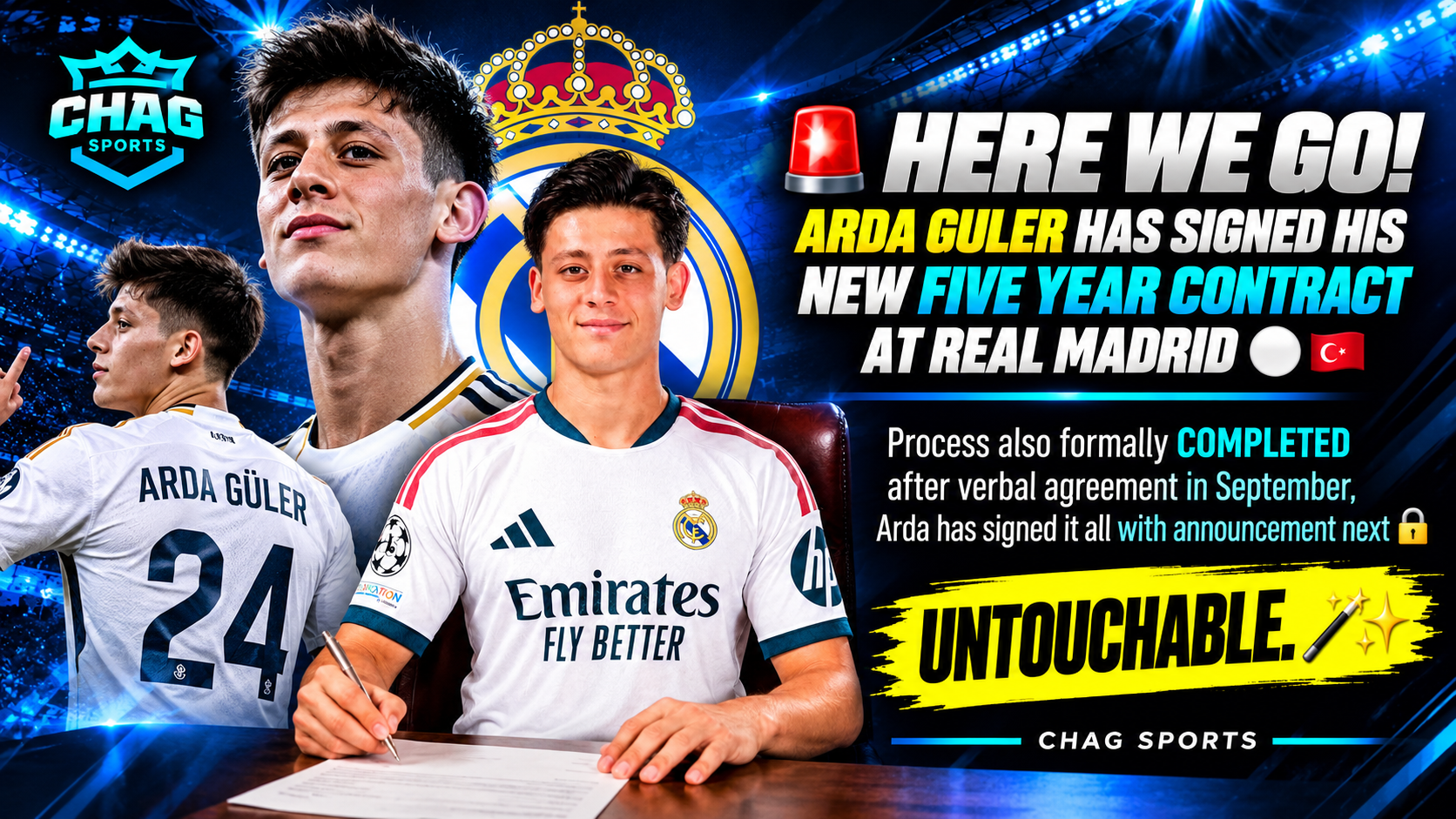 Arda Güler pictured in a Real Madrid jersey during his reported contract signing.