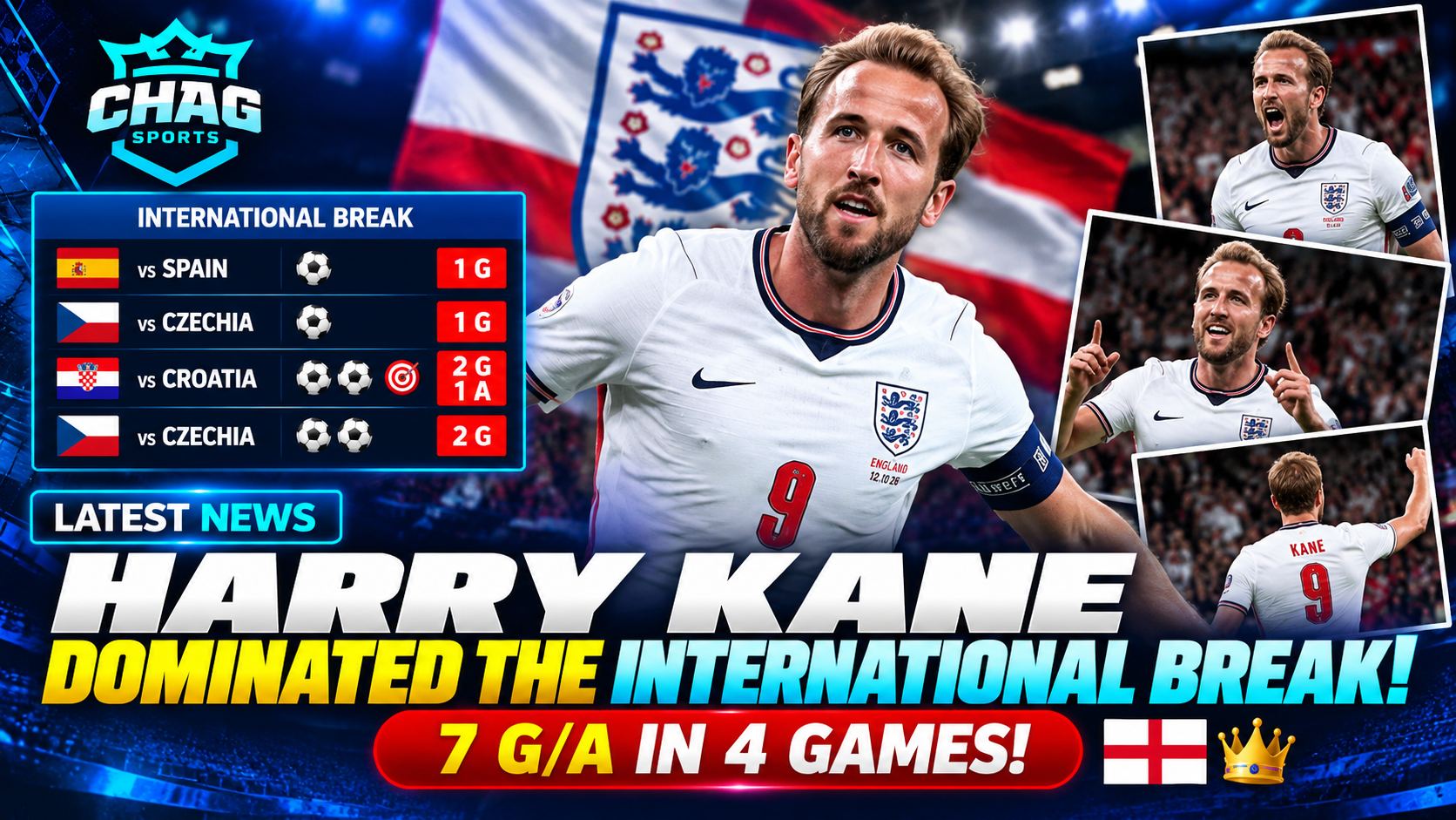Harry Kane celebrating in an England jersey after an impressive international break with 7 goal contributions in four matches.